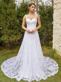 A-Line/Princess Lace Spaghetti Straps Sleeveless Chapel Train Wedding Dresses Bridal Gowns