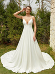 A-Line/Princess Stretch Crepe Lace V-neck Sleeveless Cathedral Train Wedding Dresses Bridal Gowns