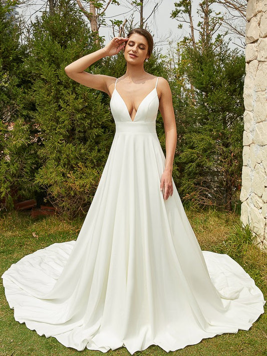 A-Line/Princess Stretch Crepe Lace V-neck Sleeveless Cathedral Train Wedding Dresses Bridal Gowns