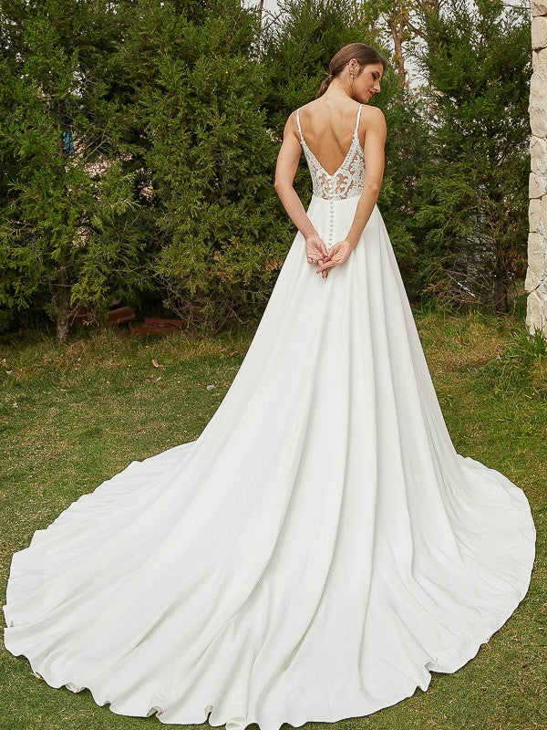 A-Line/Princess Stretch Crepe Lace V-neck Sleeveless Cathedral Train Wedding Dresses Bridal Gowns