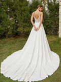 A-Line/Princess Stretch Crepe Lace V-neck Sleeveless Cathedral Train Wedding Dresses Bridal Gowns