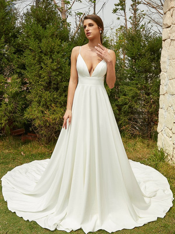 A-Line/Princess Stretch Crepe Lace V-neck Sleeveless Cathedral Train Wedding Dresses Bridal Gowns