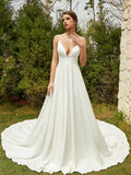 A-Line/Princess Stretch Crepe Lace V-neck Sleeveless Cathedral Train Wedding Dresses Bridal Gowns