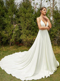 A-Line/Princess Stretch Crepe Lace V-neck Sleeveless Cathedral Train Wedding Dresses Bridal Gowns