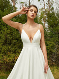 A-Line/Princess Stretch Crepe Lace V-neck Sleeveless Cathedral Train Wedding Dresses Bridal Gowns