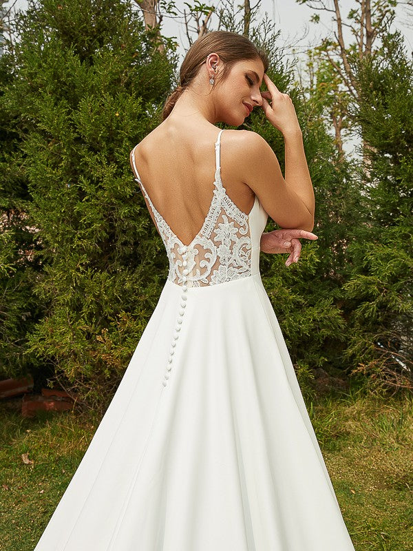 A-Line/Princess Stretch Crepe Lace V-neck Sleeveless Cathedral Train Wedding Dresses Bridal Gowns
