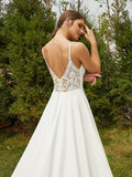 A-Line/Princess Stretch Crepe Lace V-neck Sleeveless Cathedral Train Wedding Dresses Bridal Gowns