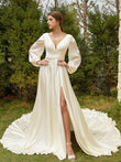A-Line/Princess Satin Chiffon Ruched V-neck Long Sleeves Cathedral Train Wedding Dresses Bridal Gowns