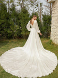 A-Line/Princess Satin Chiffon Ruched V-neck Long Sleeves Cathedral Train Wedding Dresses Bridal Gowns