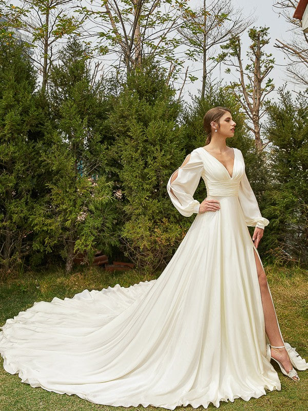 A-Line/Princess Satin Chiffon Ruched V-neck Long Sleeves Cathedral Train Wedding Dresses Bridal Gowns
