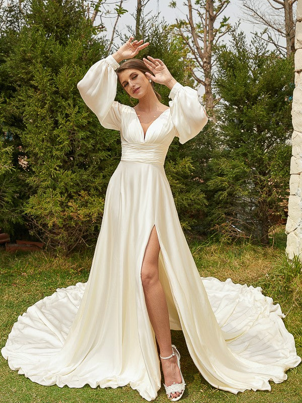 A-Line/Princess Satin Chiffon Ruched V-neck Long Sleeves Cathedral Train Wedding Dresses Bridal Gowns
