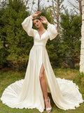 A-Line/Princess Satin Chiffon Ruched V-neck Long Sleeves Cathedral Train Wedding Dresses Bridal Gowns
