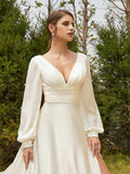 A-Line/Princess Satin Chiffon Ruched V-neck Long Sleeves Cathedral Train Wedding Dresses Bridal Gowns
