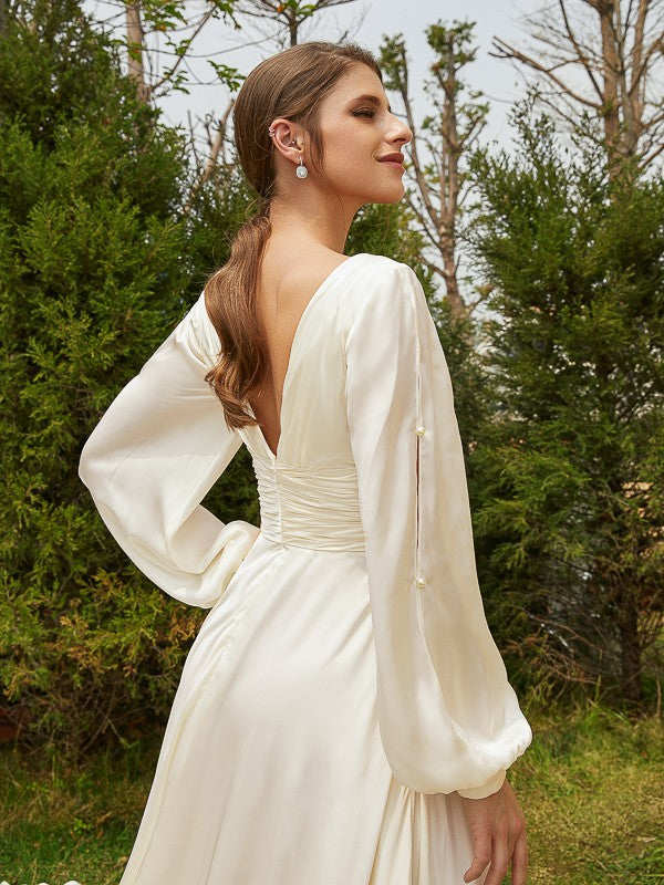 A-Line/Princess Satin Chiffon Ruched V-neck Long Sleeves Cathedral Train Wedding Dresses Bridal Gowns