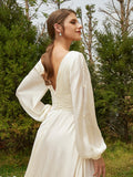 A-Line/Princess Satin Chiffon Ruched V-neck Long Sleeves Cathedral Train Wedding Dresses Bridal Gowns
