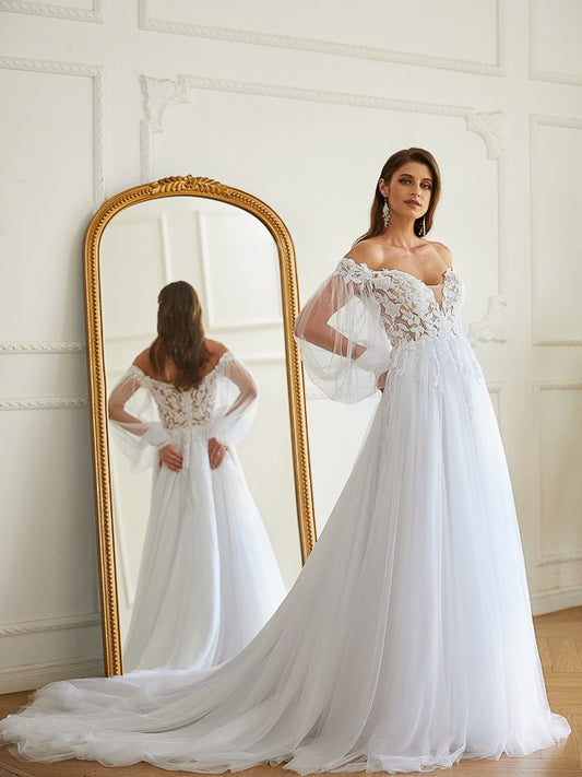 A-Line/Princess Tulle Applique Off-the-Shoulder Long Sleeves Chapel Train Wedding Dresses Bridal Gowns