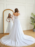 A-Line/Princess Tulle Applique Off-the-Shoulder Long Sleeves Chapel Train Wedding Dresses Bridal Gowns