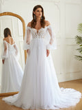 A-Line/Princess Tulle Applique Off-the-Shoulder Long Sleeves Chapel Train Wedding Dresses Bridal Gowns