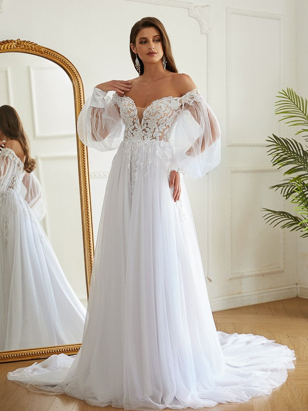 A-Line/Princess Tulle Applique Off-the-Shoulder Long Sleeves Chapel Train Wedding Dresses Bridal Gowns