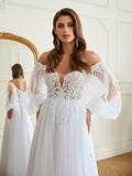 A-Line/Princess Tulle Applique Off-the-Shoulder Long Sleeves Chapel Train Wedding Dresses Bridal Gowns
