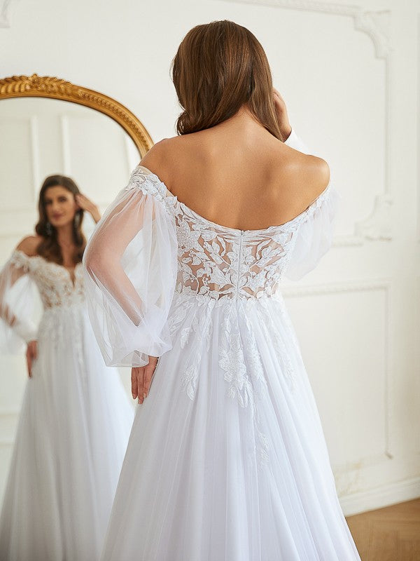 A-Line/Princess Tulle Applique Off-the-Shoulder Long Sleeves Chapel Train Wedding Dresses Bridal Gowns