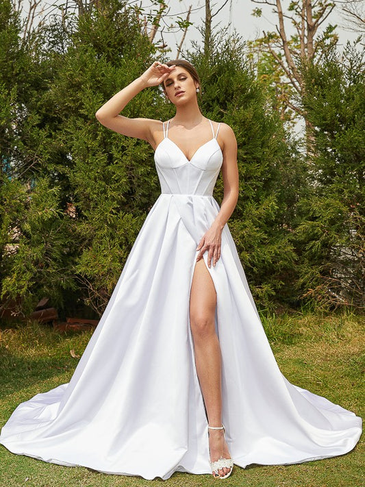 A-Line/Princess Satin Ruffles V-neck Sleeveless Court Train Wedding Dresses Bridal Gowns