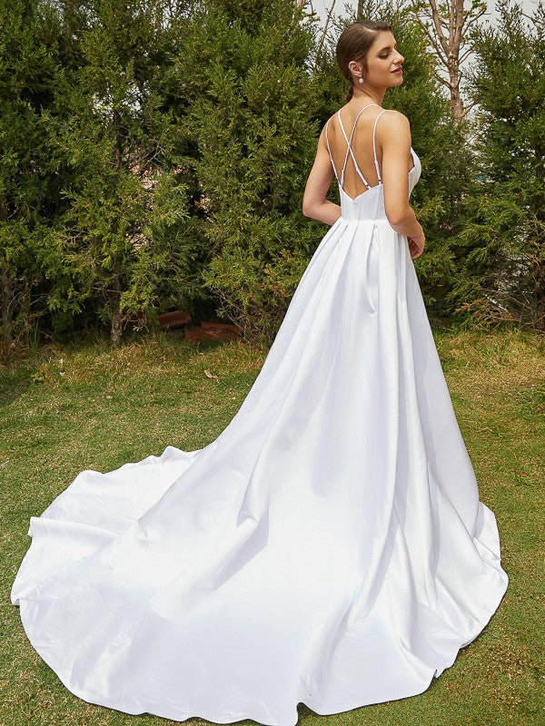 A-Line/Princess Satin Ruffles V-neck Sleeveless Court Train Wedding Dresses Bridal Gowns
