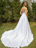 A-Line/Princess Satin Ruffles V-neck Sleeveless Court Train Wedding Dresses Bridal Gowns