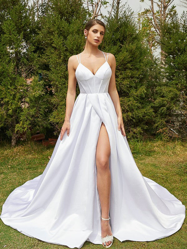 A-Line/Princess Satin Ruffles V-neck Sleeveless Court Train Wedding Dresses Bridal Gowns