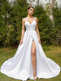 A-Line/Princess Satin Ruffles V-neck Sleeveless Court Train Wedding Dresses Bridal Gowns
