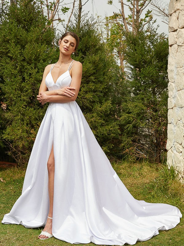A-Line/Princess Satin Ruffles V-neck Sleeveless Court Train Wedding Dresses Bridal Gowns
