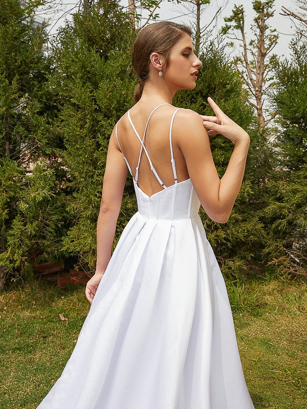 A-Line/Princess Satin Ruffles V-neck Sleeveless Court Train Wedding Dresses Bridal Gowns