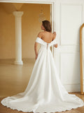 A-Line/Princess Satin Ruched Off-the-Shoulder Sleeveless Chapel Train Wedding Dresses Bridal Gowns