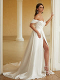 A-Line/Princess Satin Ruched Off-the-Shoulder Sleeveless Chapel Train Wedding Dresses Bridal Gowns