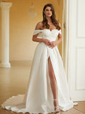 A-Line/Princess Satin Ruched Off-the-Shoulder Sleeveless Chapel Train Wedding Dresses Bridal Gowns