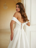 A-Line/Princess Satin Ruched Off-the-Shoulder Sleeveless Chapel Train Wedding Dresses Bridal Gowns