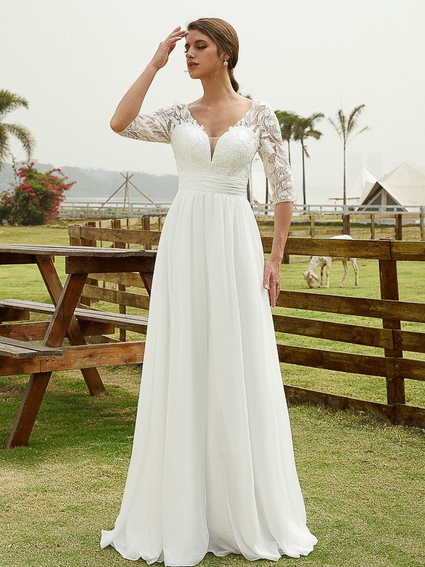 A-Line/Princess Chiffon Lace V-neck 1/2 Sleeves Floor-Length Wedding Dresses Bridal Gowns