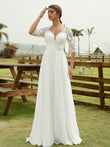 A-Line/Princess Chiffon Lace V-neck 1/2 Sleeves Floor-Length Wedding Dresses Bridal Gowns