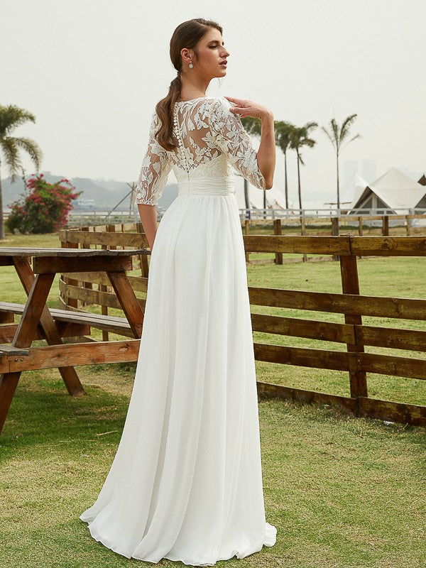 A-Line/Princess Chiffon Lace V-neck 1/2 Sleeves Floor-Length Wedding Dresses Bridal Gowns