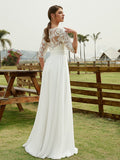 A-Line/Princess Chiffon Lace V-neck 1/2 Sleeves Floor-Length Wedding Dresses Bridal Gowns