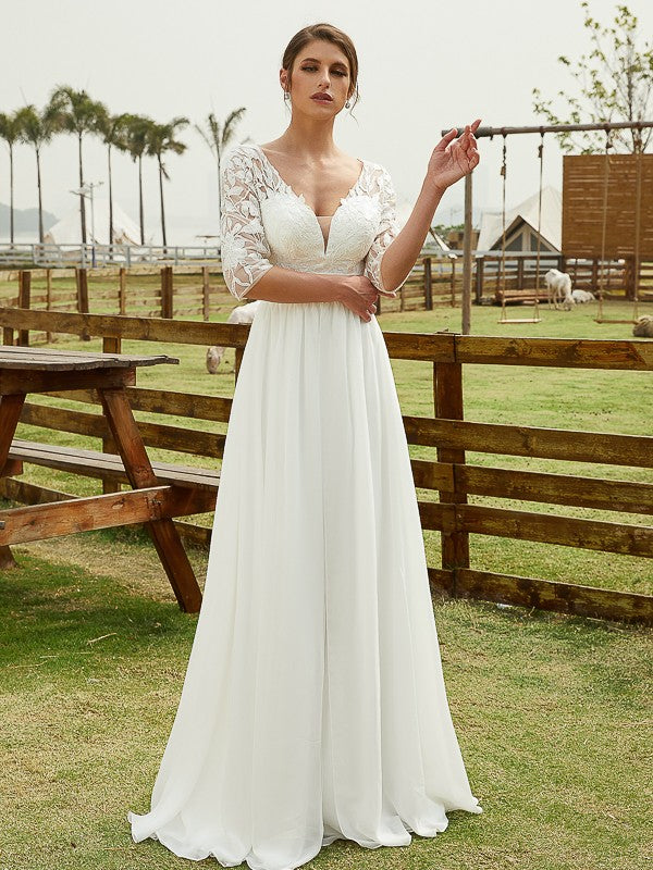 A-Line/Princess Chiffon Lace V-neck 1/2 Sleeves Floor-Length Wedding Dresses Bridal Gowns