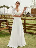 A-Line/Princess Chiffon Lace V-neck 1/2 Sleeves Floor-Length Wedding Dresses Bridal Gowns