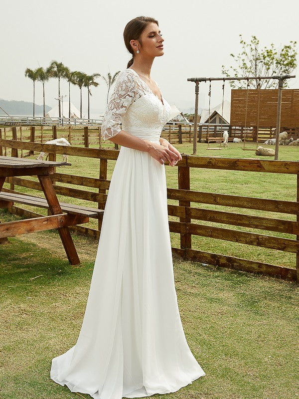 A-Line/Princess Chiffon Lace V-neck 1/2 Sleeves Floor-Length Wedding Dresses Bridal Gowns
