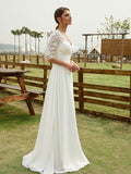 A-Line/Princess Chiffon Lace V-neck 1/2 Sleeves Floor-Length Wedding Dresses Bridal Gowns