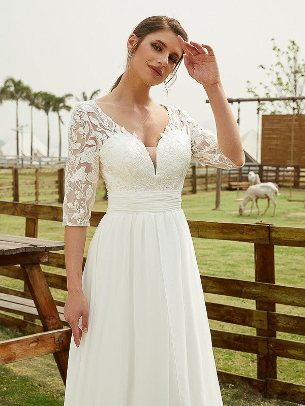 A-Line/Princess Chiffon Lace V-neck 1/2 Sleeves Floor-Length Wedding Dresses Bridal Gowns