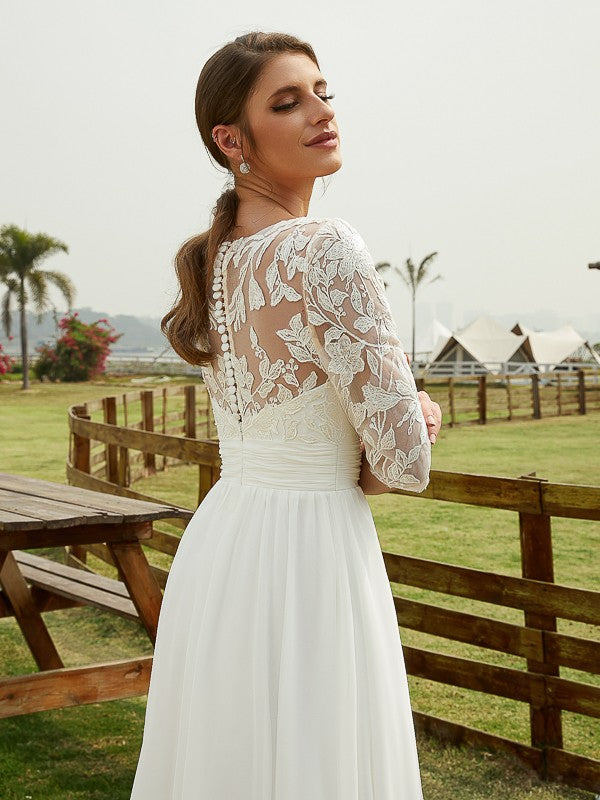 A-Line/Princess Chiffon Lace V-neck 1/2 Sleeves Floor-Length Wedding Dresses Bridal Gowns
