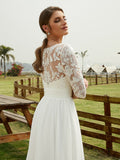 A-Line/Princess Chiffon Lace V-neck 1/2 Sleeves Floor-Length Wedding Dresses Bridal Gowns