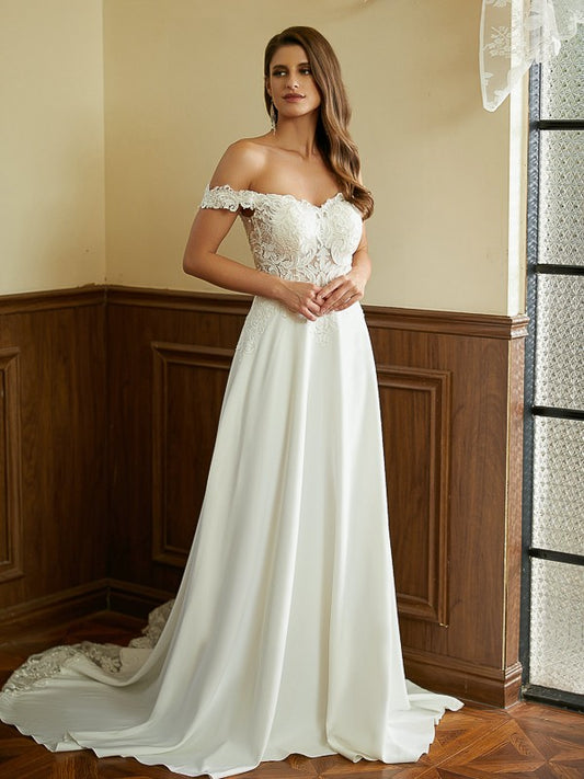 A-Line/Princess Stretch Crepe Lace Off-the-Shoulder Short Sleeves Court Train Wedding Dresses Bridal Gowns