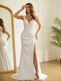 Sheath/Column Charmeuse Lace V-neck Sleeveless Sweep/Brush Train Wedding Dresses Bridal Gowns