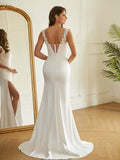 Sheath/Column Charmeuse Lace V-neck Sleeveless Sweep/Brush Train Wedding Dresses Bridal Gowns